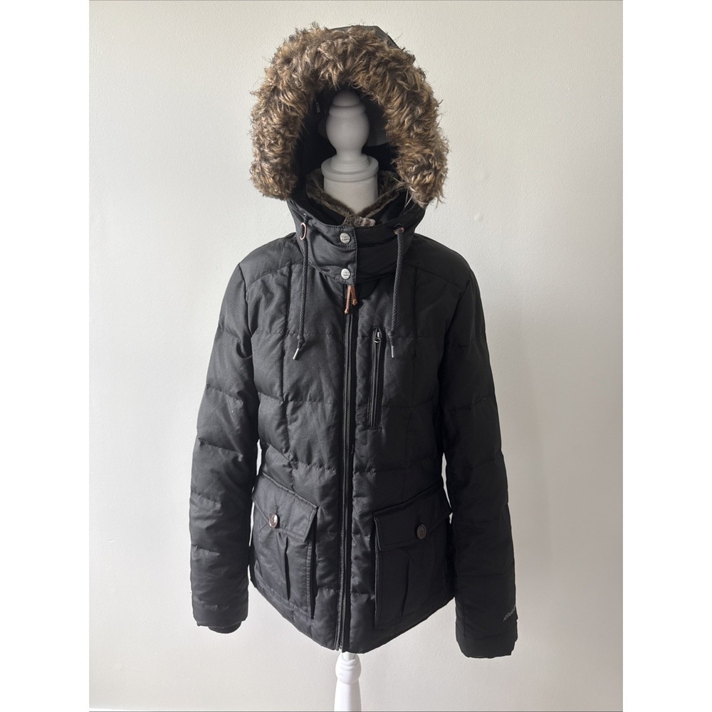 Eddie Bauer Seattle Down Ladies Parka Quilted Jacket Black Faux Fur Collar M